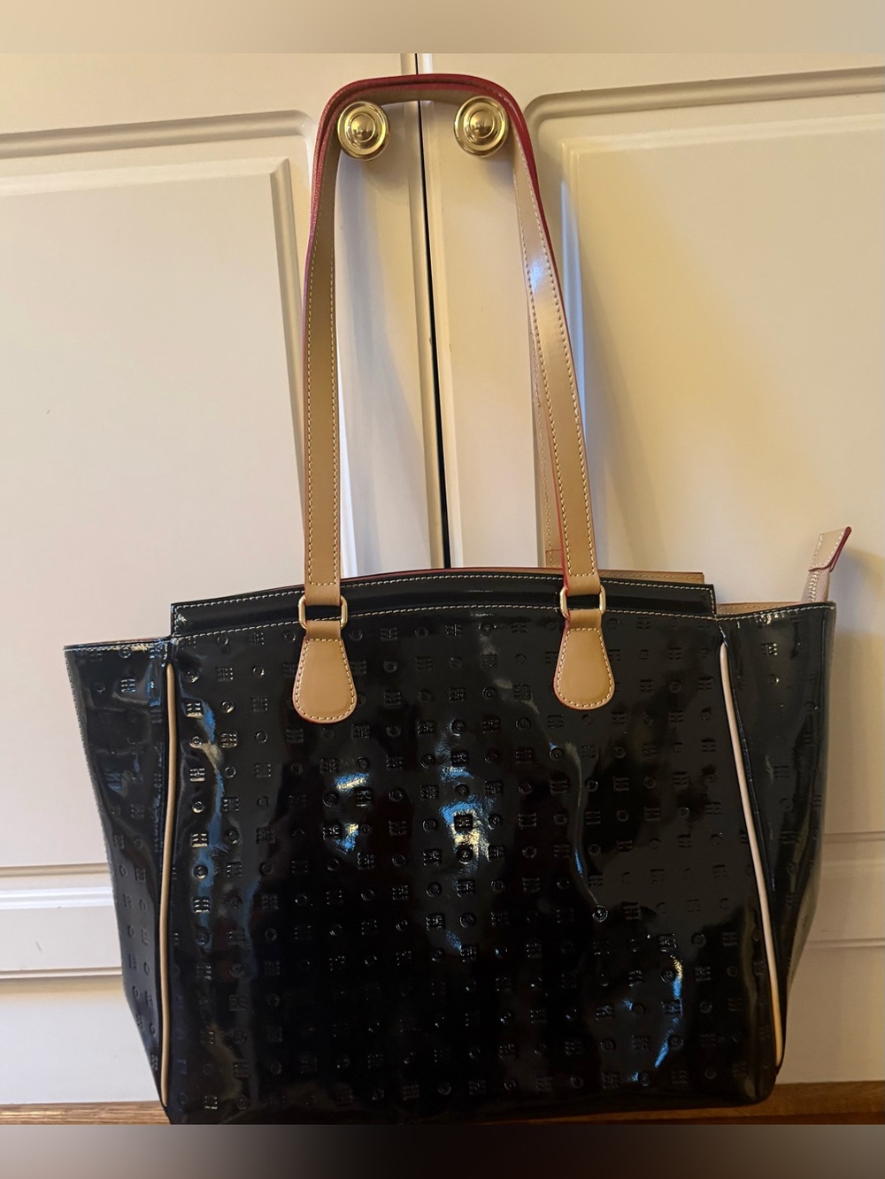 ARCADIA Black Patent Tote Bag with Tan Handles